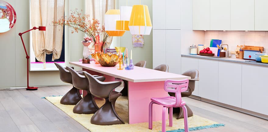 modern kitchen ,pink table ,colourful details