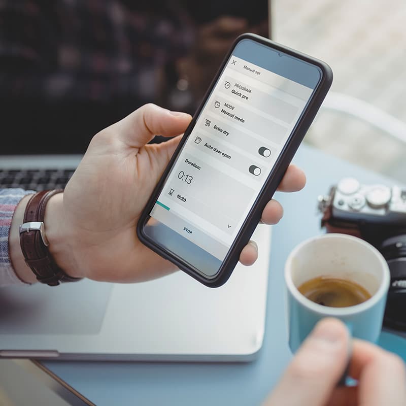 phone in hand coffee