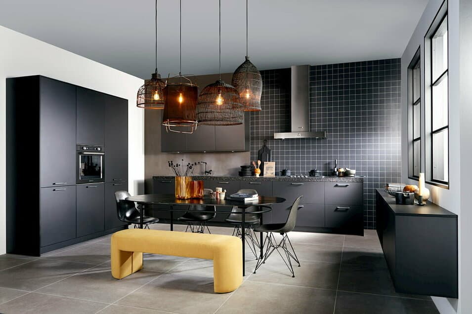 black kitchen, yellow details ,kitchen table