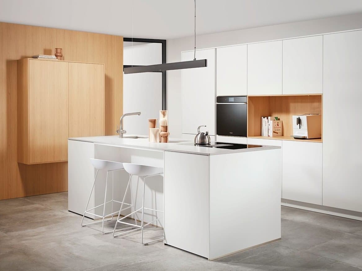 white kitchen with brown details