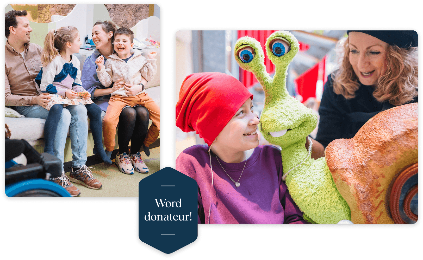 Moodboard met 2 foto's met kinderen en hun ouders in het ziekenhuis