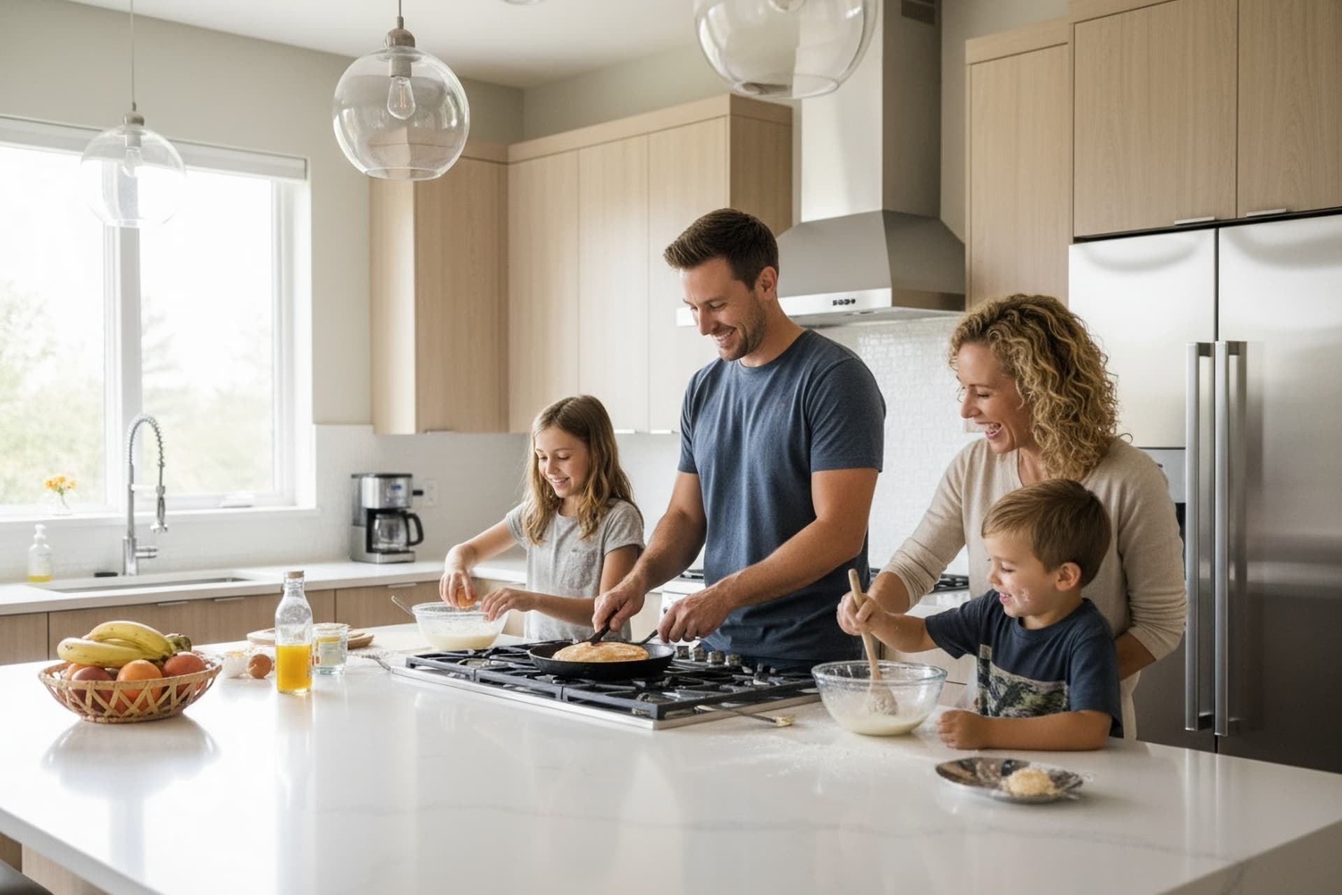 samen-eten-in-een-druk-gezinsleven-2.jpg Gezin van vier samen aan het koken aan kookeiland