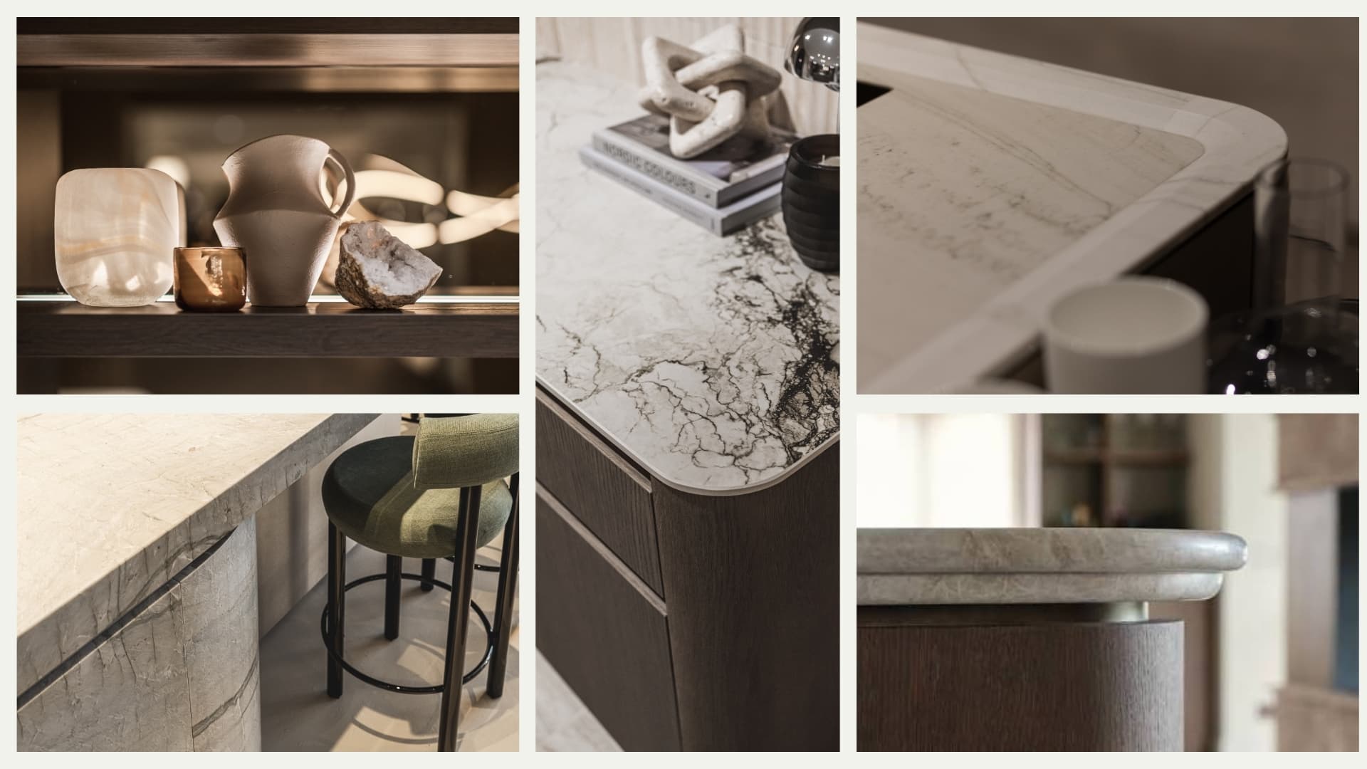 Moodboard met vijf afbeeldingen van keukens met organische vormen
