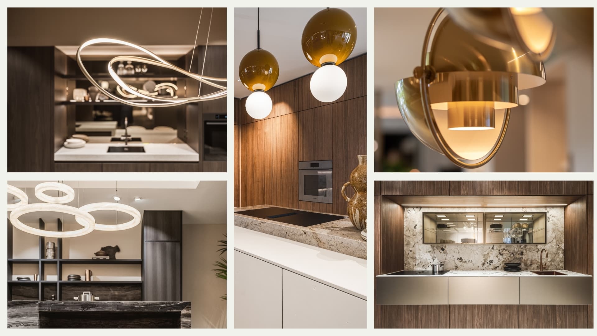 Moodboard met 5 verschillende foto's met keukenverlichting